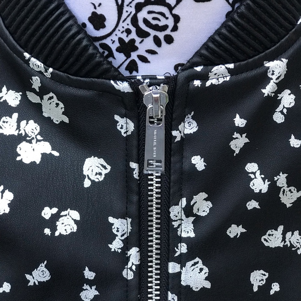 Michael Kors Jacket Black Silver Flowers Roses 🌹Zip Women's Size XS S - Picture 8 of 9